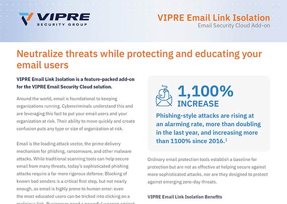VIPRE Email Cloud: Link Isolation data sheet cover