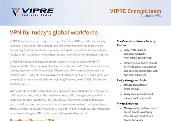 VIPRE Encrypt.team VPN data sheet cover
