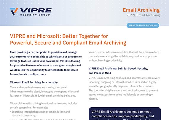 VIPRE and Microsoft®: Email Archiving data sheet cover