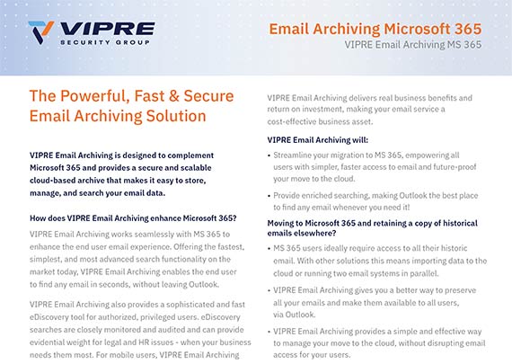 VIPRE Email Archiving for MS365 data sheet cover