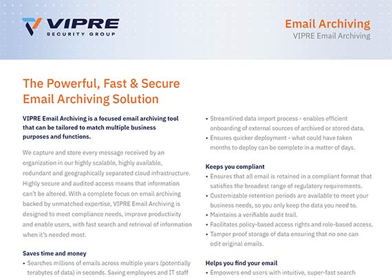 VIPRE Email Archiving data sheet cover