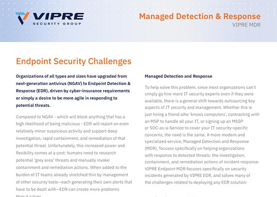 VIPRE Managed Detection & Response data sheet cover